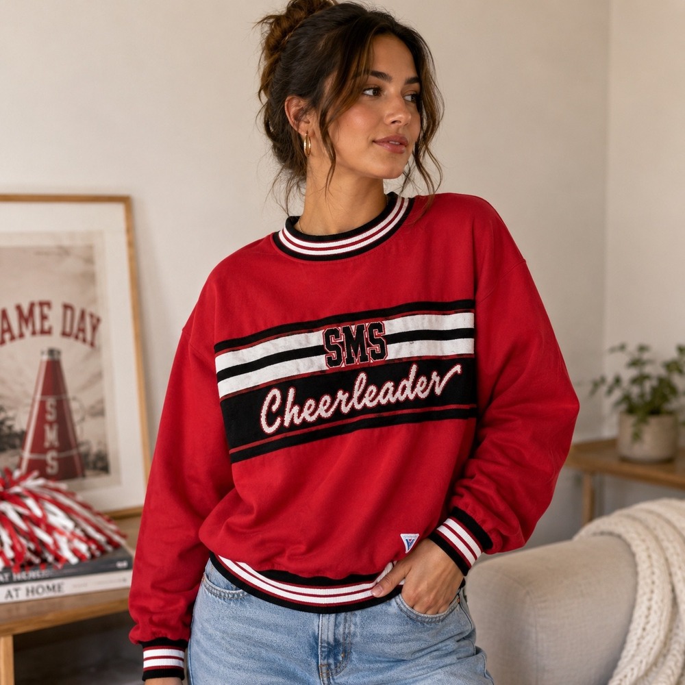 Vintage Varsity Spirit Cheerleader Sweater Red Black 90s USA Made Crewneck Med